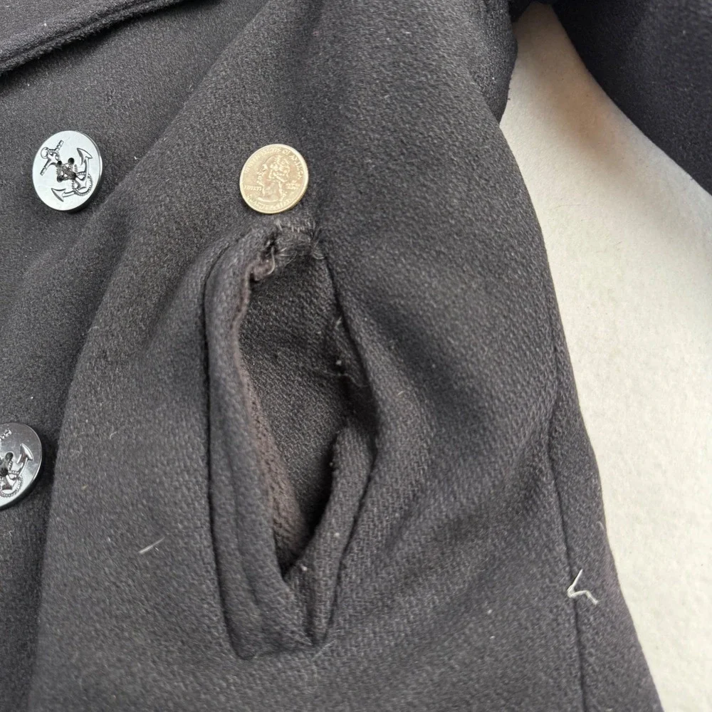 USN Woolrich Navy Pea Coat Black‎ Wool Double Breasted Anchor Button Size M